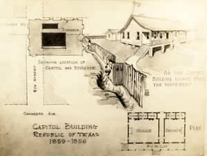 Pen and ink rendering of the Republic of Texas Capitol Building 1839-1853