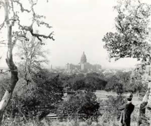 Photograph looking at Capitol from present site of the University of Texas Press showing trees and fenced pasture land in foreground