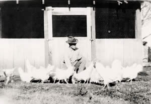 Photograph of Mr. Thorp with chickens