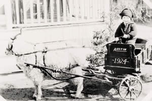 Photograph of boy in wagon being pulled by a goat