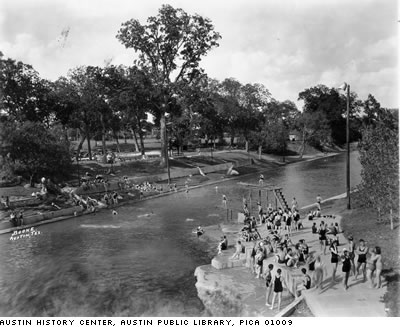photograph of the Barton Springs Pool. Austin History Center, Austin Public Library, PICA 01009